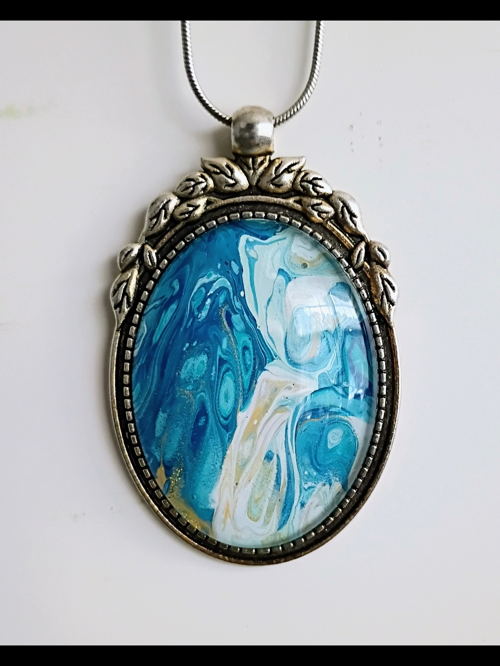 Ocean Beach Swirl Oval Hand Painted Pendant Necklace Women's Jewelry Blue Water